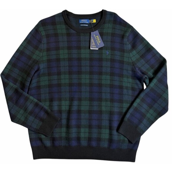 Polo Ralph Lauren Sweater Mens 2XL Blue Green Tartan Plaid Washable Merino Wool - Picture 1 of 11